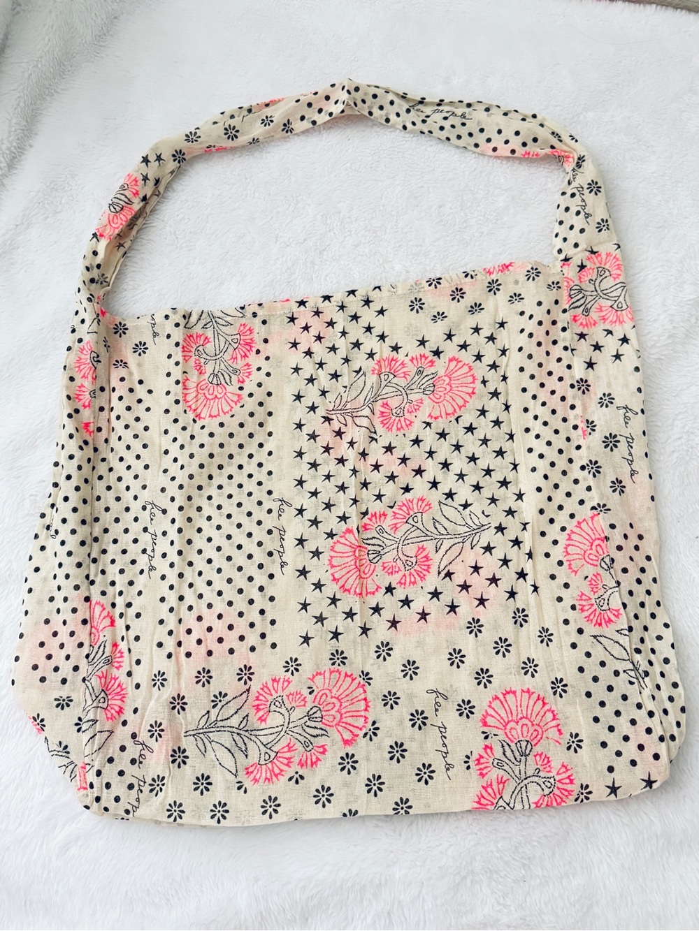 Free people large reusable Tote Bag/ Floral & Polka Dot with Pink Accents